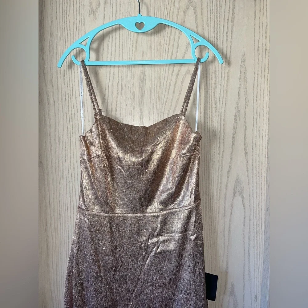 LULU’S- Gorgeously Glowing Shiny Rose Gold Mini Skater Dress - NWT - Picture 6 of 15